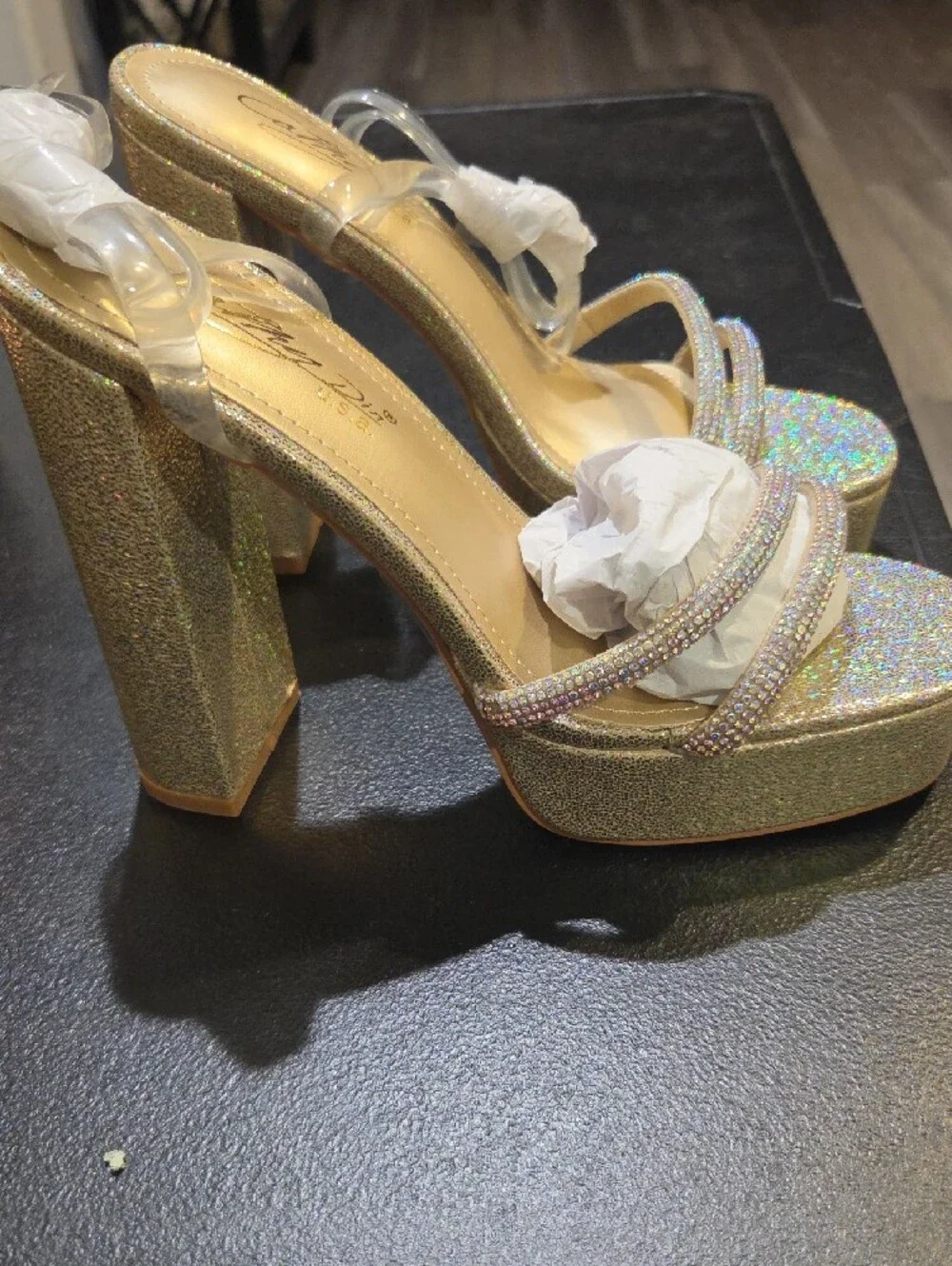 Sparkling Gold Platform Heeled Sandals with Crystal Straps